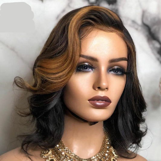 Wigs, Mid-point Black And Brown Short Curly Hair
